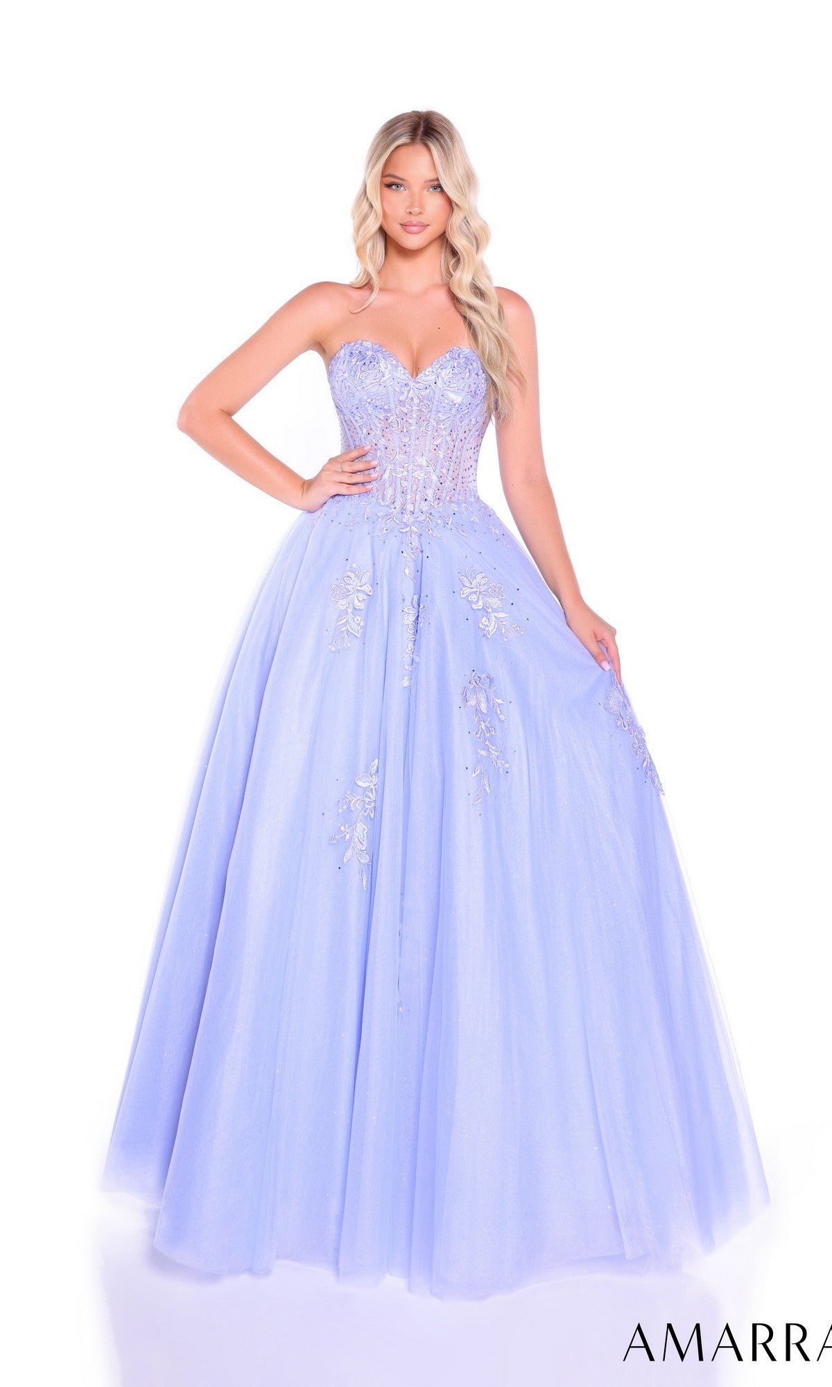 A woman poses against a white background in the Lace-Up Strapless Prom Ball Gown: Amarra 89011—a lavender evening dress with a beaded sweetheart bodice, floral embellishments, and lace-up detailing.